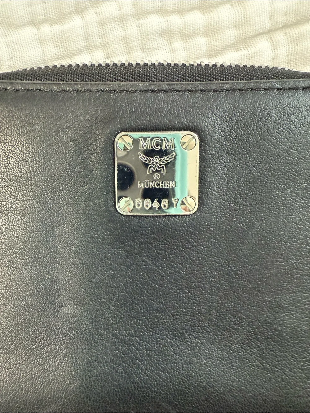 MCM White and Black Logo Zip Wallet